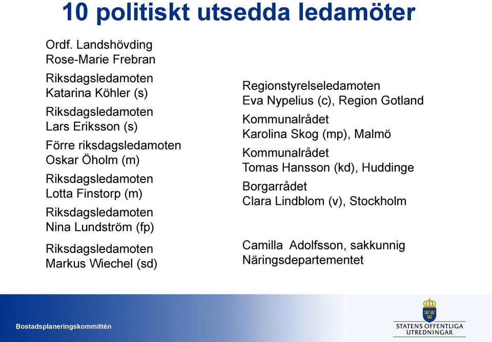 Öholm (m) Riksdagsledamoten Lotta Finstorp (m) Riksdagsledamoten Nina Lundström (fp) Riksdagsledamoten Markus Wiechel (sd)