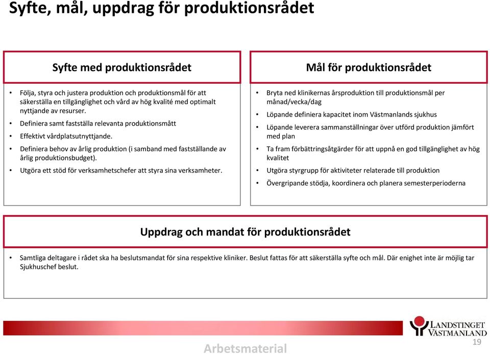 Definiera behov av årlig produktion (i samband med fastställande av årlig produktionsbudget). Utgöra ett stöd för verksamhetschefer att styra sina verksamheter.