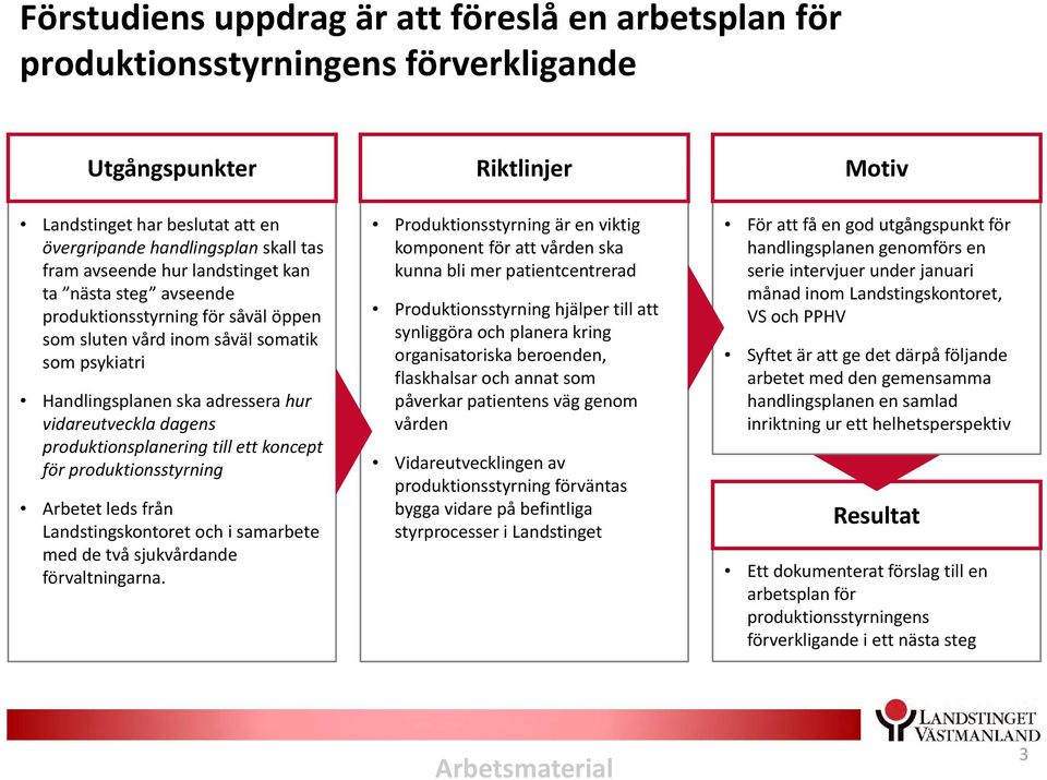 produktionsplanering till ett koncept för produktionsstyrning Arbetet leds från Landstingskontoret och i samarbete med de två sjukvårdande förvaltningarna.