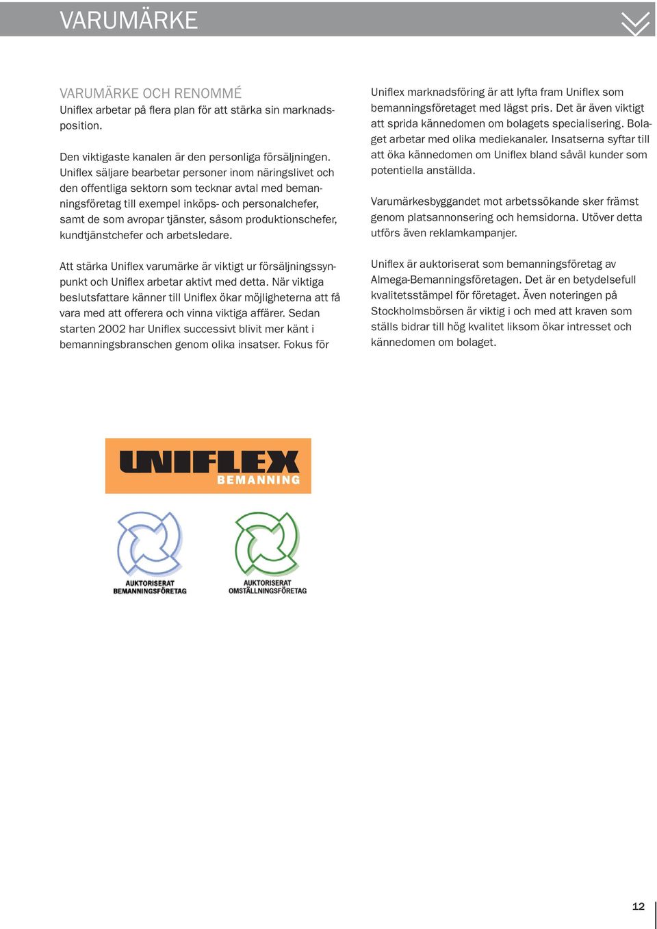 produktionschefer, kundtjänstchefer och arbetsledare. Att stärka Uniflex varumärke är viktigt ur försäljningssynpunkt och Uniflex arbetar aktivt med detta.