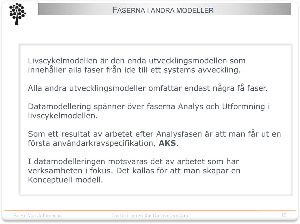 Datamodellering spänner över faserna Analys och Utformning i livscykelmodellen.