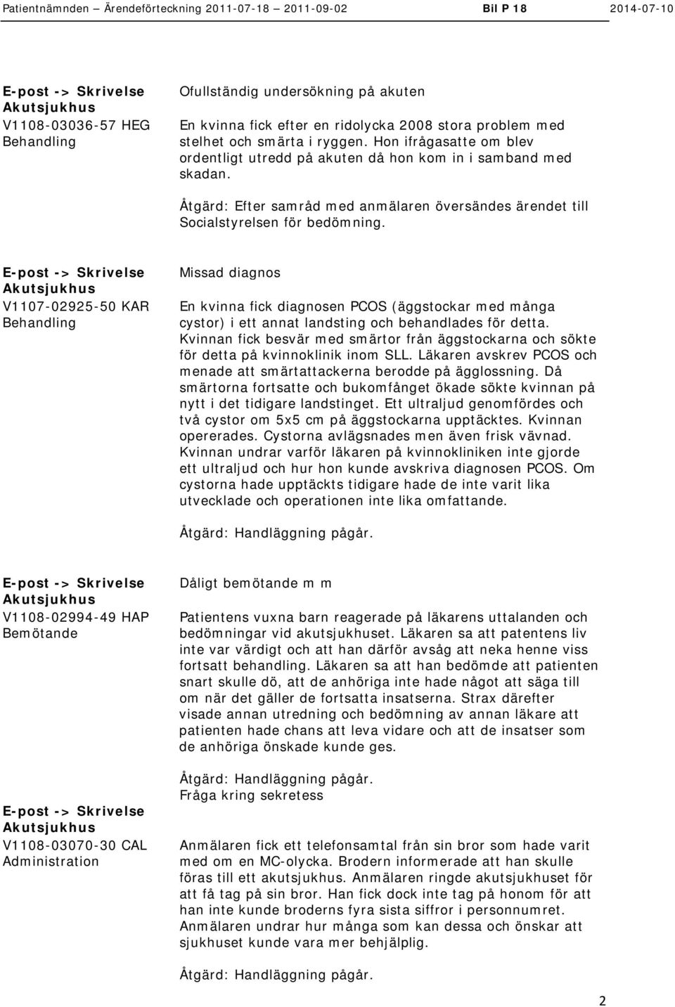-> V1107-02925-50 KAR Missad diagnos En kvinna fick diagnosen PCOS (äggstockar med många cystor) i ett annat landsting och behandlades för detta.