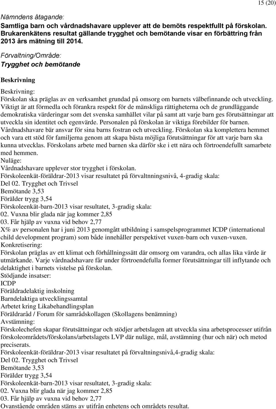 Förvaltning/Område: Trygghet och bemötande Beskrivning 15 (20) Beskrivning: Förskolan ska präglas av en verksamhet grundad på omsorg om barnets välbefinnande och utveckling.