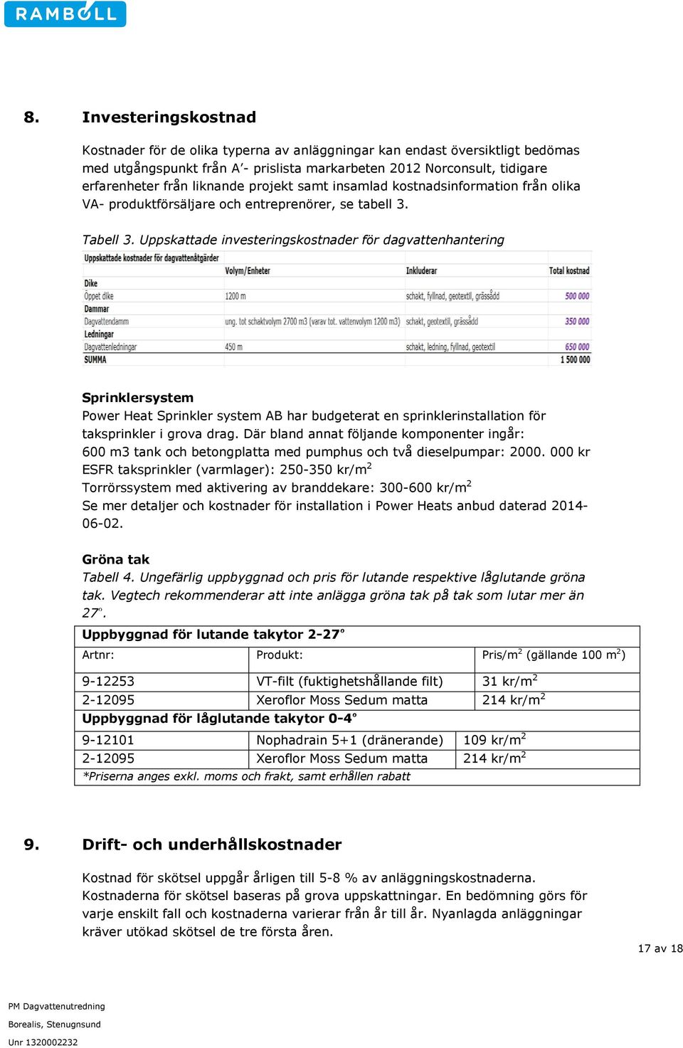 Uppskattade investeringskostnader för dagvattenhantering Sprinklersystem Power Heat Sprinkler system AB har budgeterat en sprinklerinstallation för taksprinkler i grova drag.