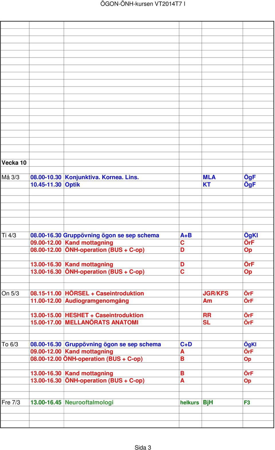 00-15.00 HESHET + Caseintroduktion RR ÖrF 15.00-17.00 MELLANÖRATS ANATOMI SL ÖrF To 6/3 08.00-16.30 Gruppövning ögon se sep schema C+D ÖgKl 09.00-12.00 Kand mottagning A ÖrF 08.00-12.00 ÖNH-operation (BUS + C-op) B Op 13.