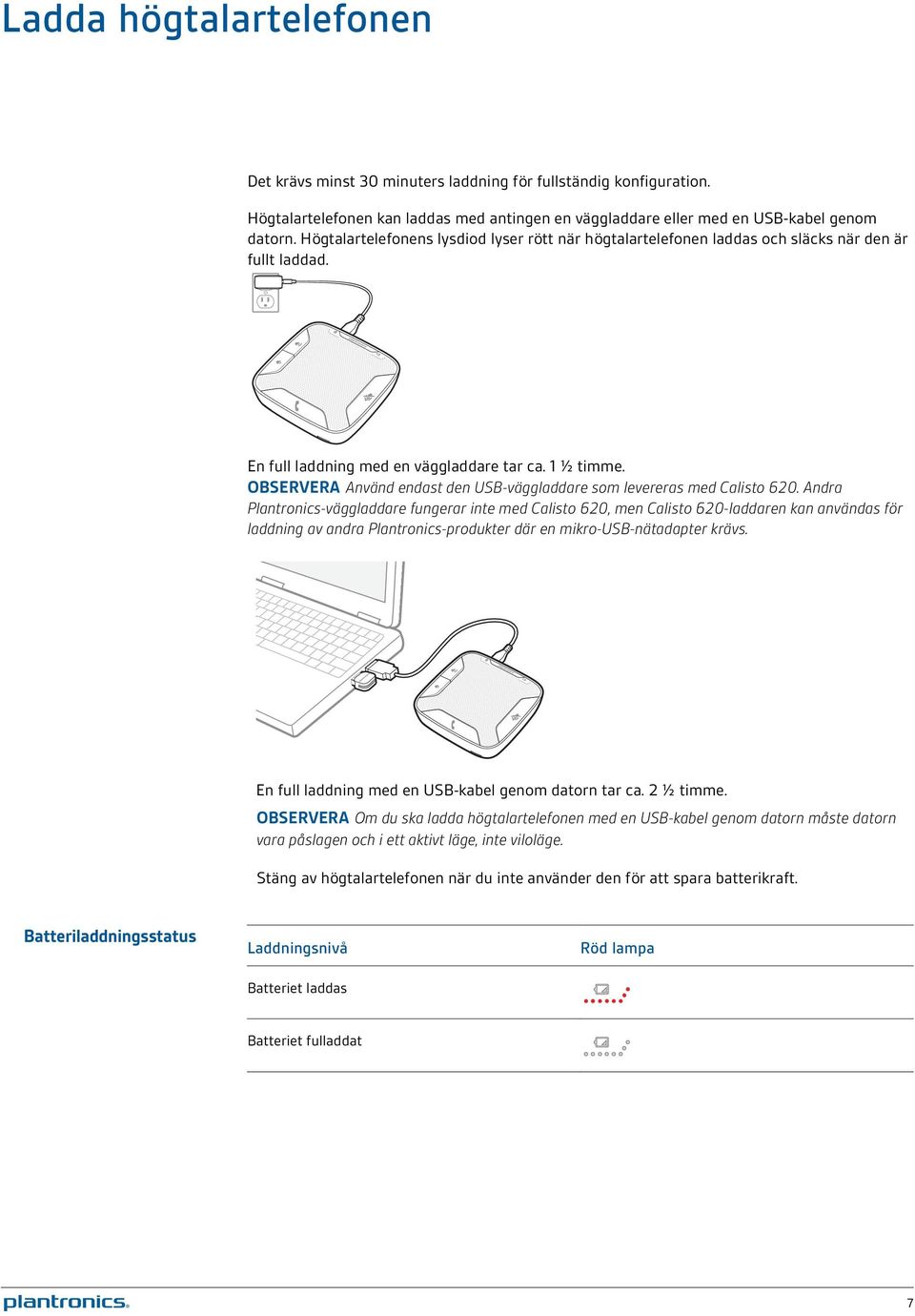 OBSERVERA Använd endast den USB-väggladdare som levereras med Calisto 620.