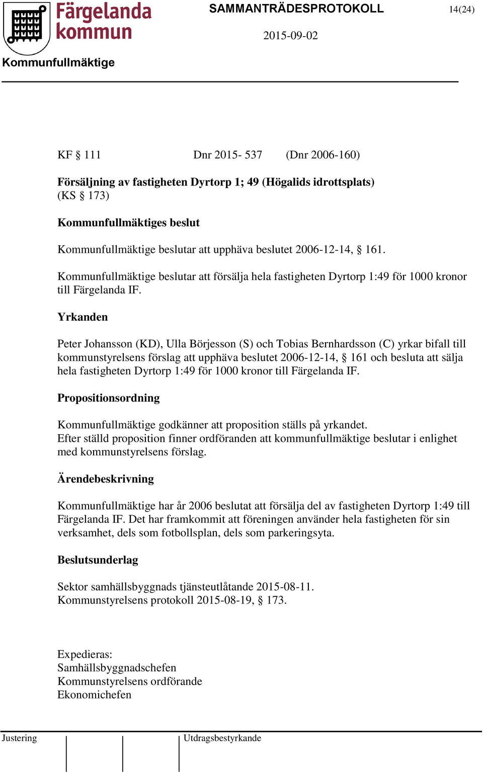 Yrkanden Peter Johansson (KD), Ulla Börjesson (S) och Tobias Bernhardsson (C) yrkar bifall till kommunstyrelsens förslag att upphäva beslutet 2006-12-14, 161 och besluta att sälja hela fastigheten