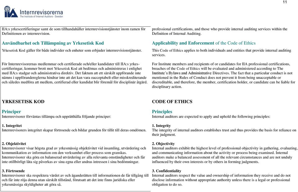 För Internrevisorernas medlemmar och certifierade och/eller kandidater till IIA:s yrkescertifieringar, kommer brott mot Yrkesetisk Kod att bedömas och administreras i enlighet med IIA:s stadgar och