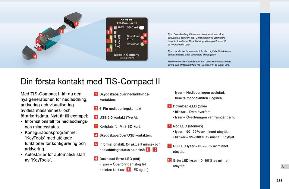 Med den Mobile Card Reader kan du också överföra data direkt från ett förarkort till TI Compact II; se sidan 98.