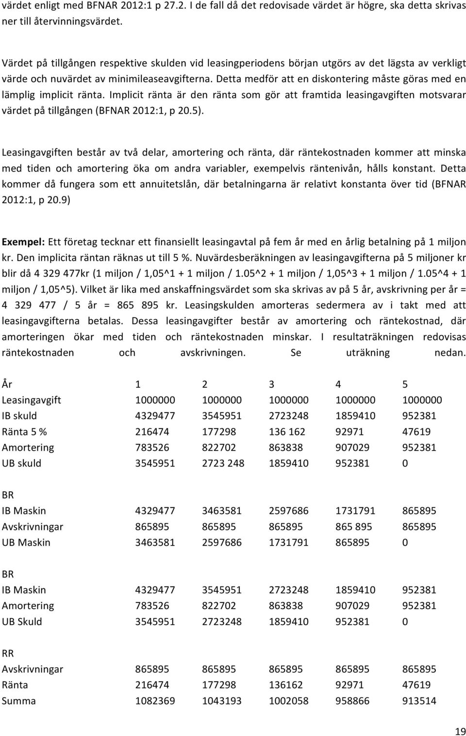 Detta medför att en diskontering måste göras med en lämplig implicit ränta. Implicit ränta är den ränta som gör att framtida leasingavgiften motsvarar värdet på tillgången (BFNAR 2012:1, p 20.5).