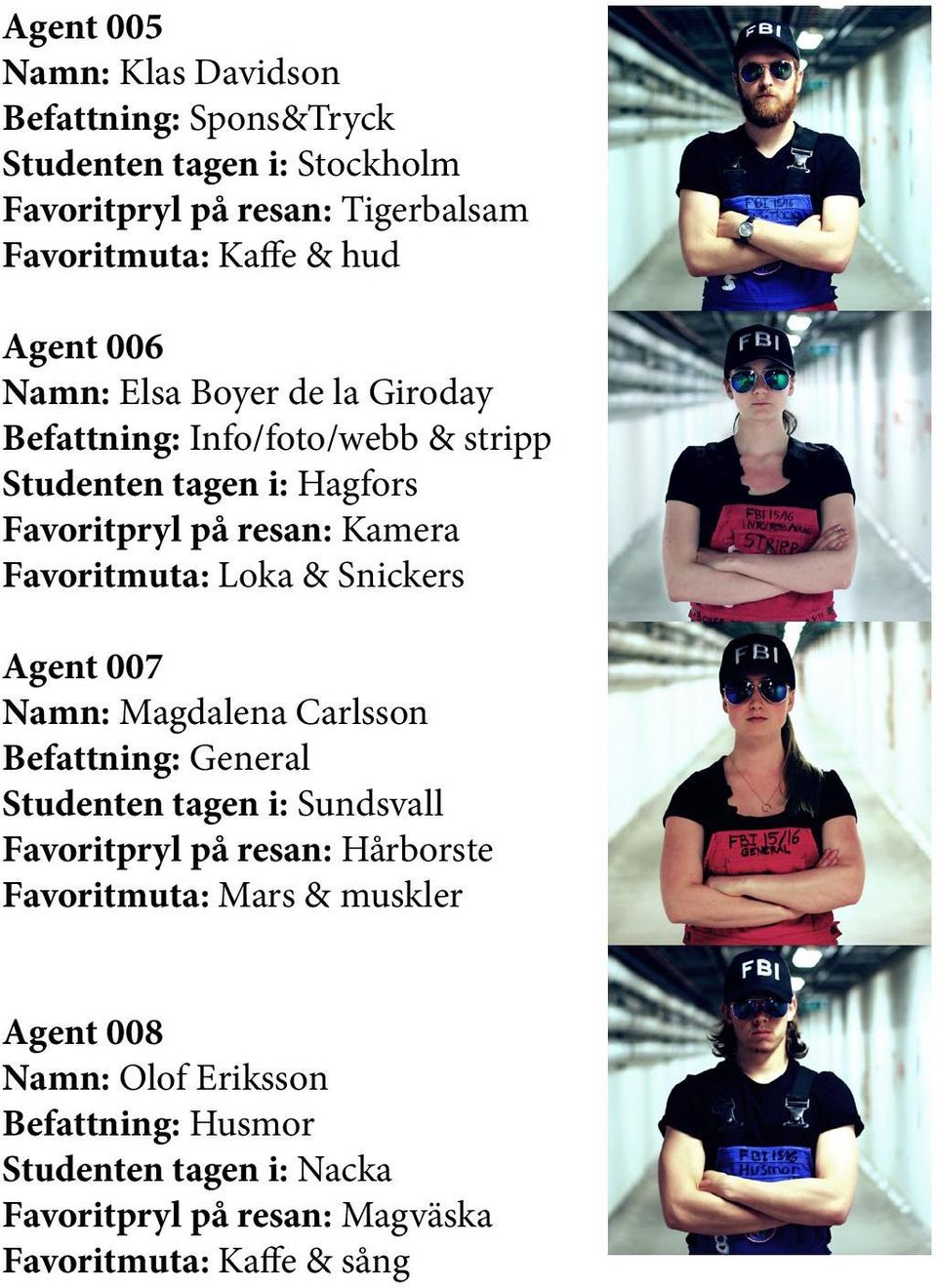 Favoritmuta: Loka & Snickers Agent 007 Namn: Magdalena Carlsson Befattning: General Studenten tagen i: Sundsvall Favoritpryl på resan: Hårborste