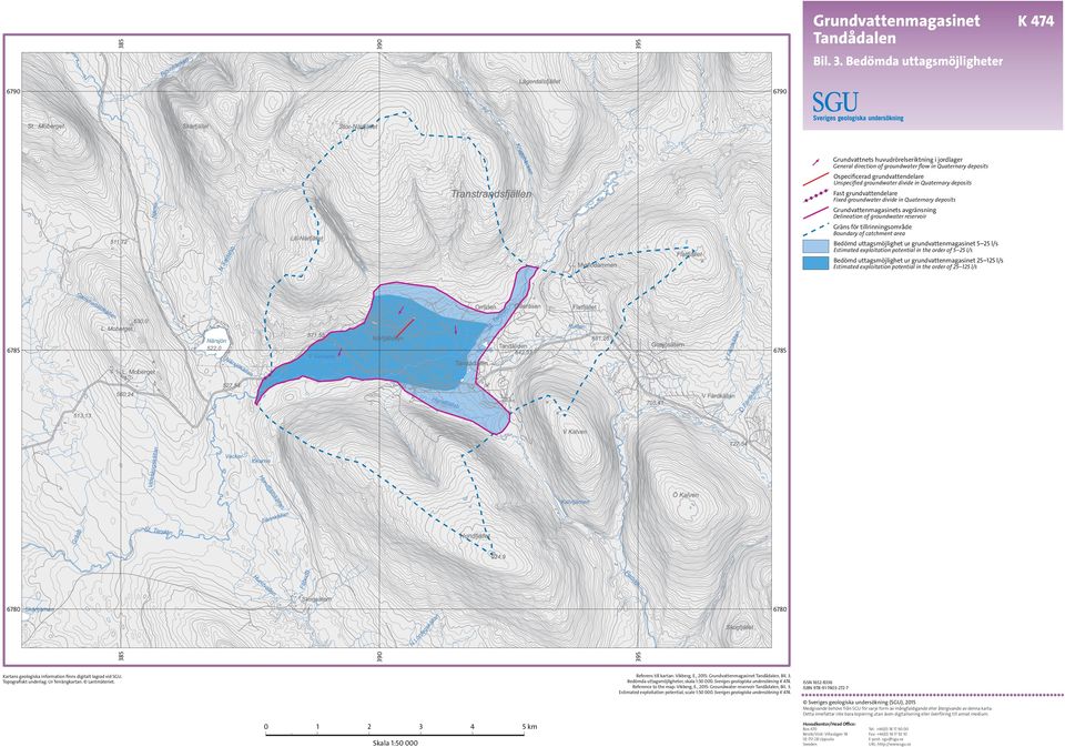 Ospecificerad grundvattendelare Unspecified groundwater divide in Quaternary deposits Fast grundvattendelare Fixed groundwater divide in Quaternary deposits Grundvattenmagasinets avgränsning