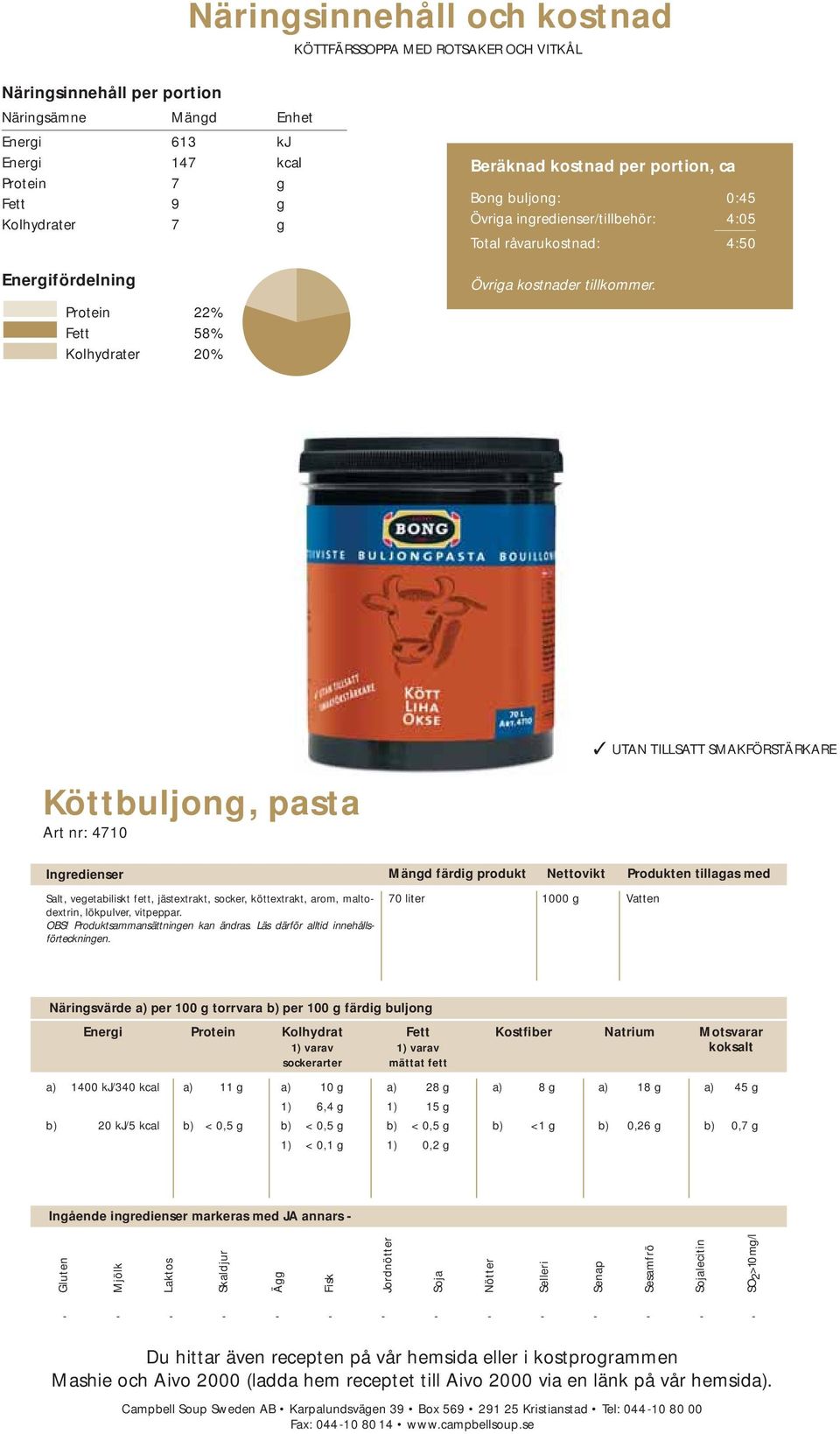 UTAN TILLSATT SMAKFÖRSTÄRKARE Köttbuljong, pasta Art nr: 4710 Salt, vegetabiliskt fett, jästextrakt, socker, köttextrakt, arom, maltodextrin, lökpulver, vitpeppar. OBS!