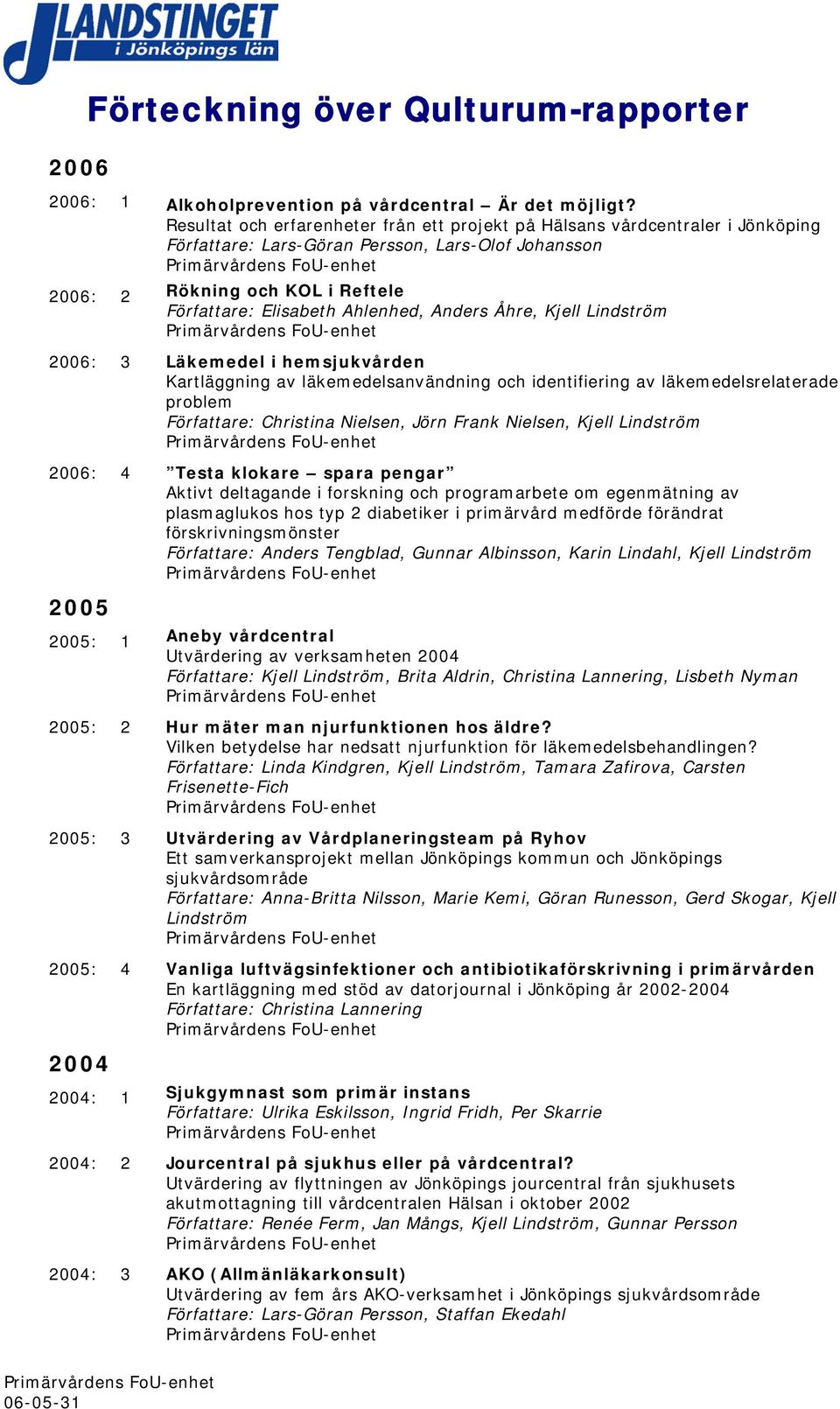Anders Åhre, Kjell Lindström 2006: 3 Läkemedel i hemsjukvården Kartläggning av läkemedelsanvändning och identifiering av läkemedelsrelaterade problem Författare: Christina Nielsen, Jörn Frank