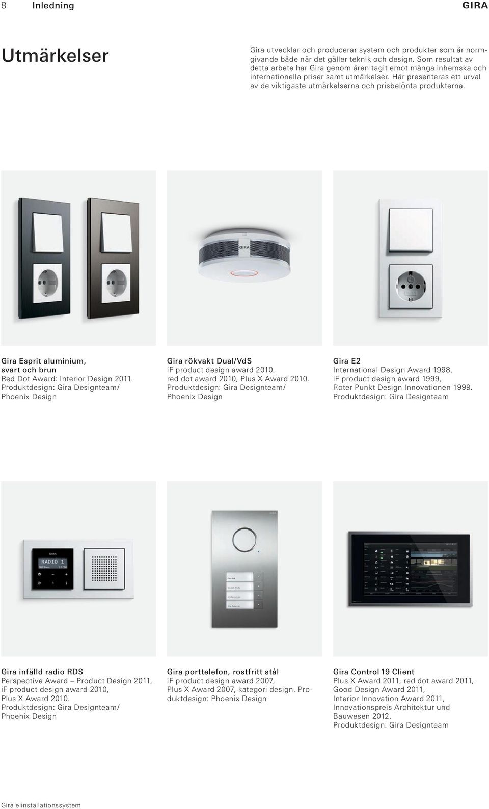 Här presenteras ett urval av de viktigaste utmärkelserna och prisbelönta produkterna. Gira Esprit aluminium, svart och brun Red Dot Award: Interior Design 2011.