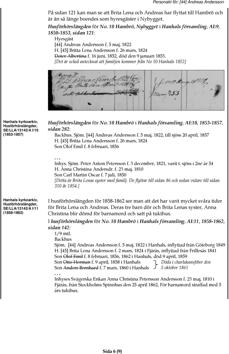 16 juni, 1852, död den 9 januari 1853. [Det är också antecknat att familjen kommer från No 10 Hanhals 1852] SE/LLA/13142/A I/10 (1853-1857) Husförhörslängden för No.