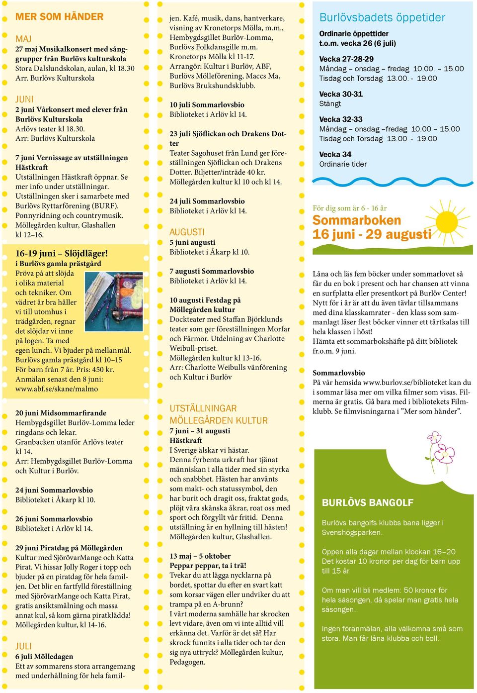 Arr: Burlövs Kulturskola 7 juni Vernissage av utställningen Hästkraft Utställningen Hästkraft öppnar. Se mer info under utställningar. Utställningen sker i samarbete med Burlövs Ryttarförening (BURF).