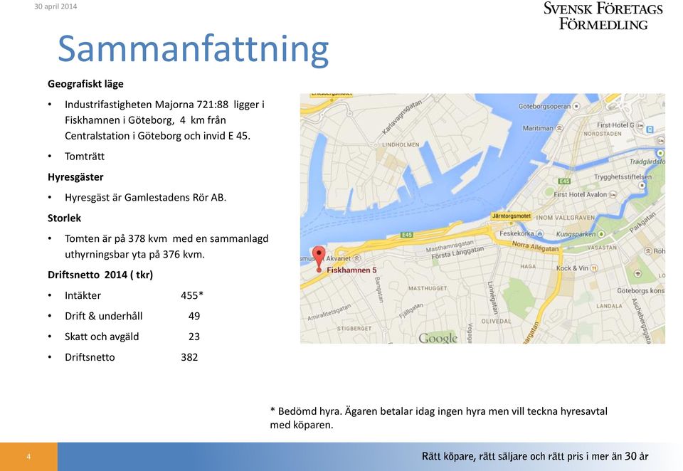 Storlek Tomten är på 378 kvm med en sammanlagd uthyrningsbar yta på 376 kvm.