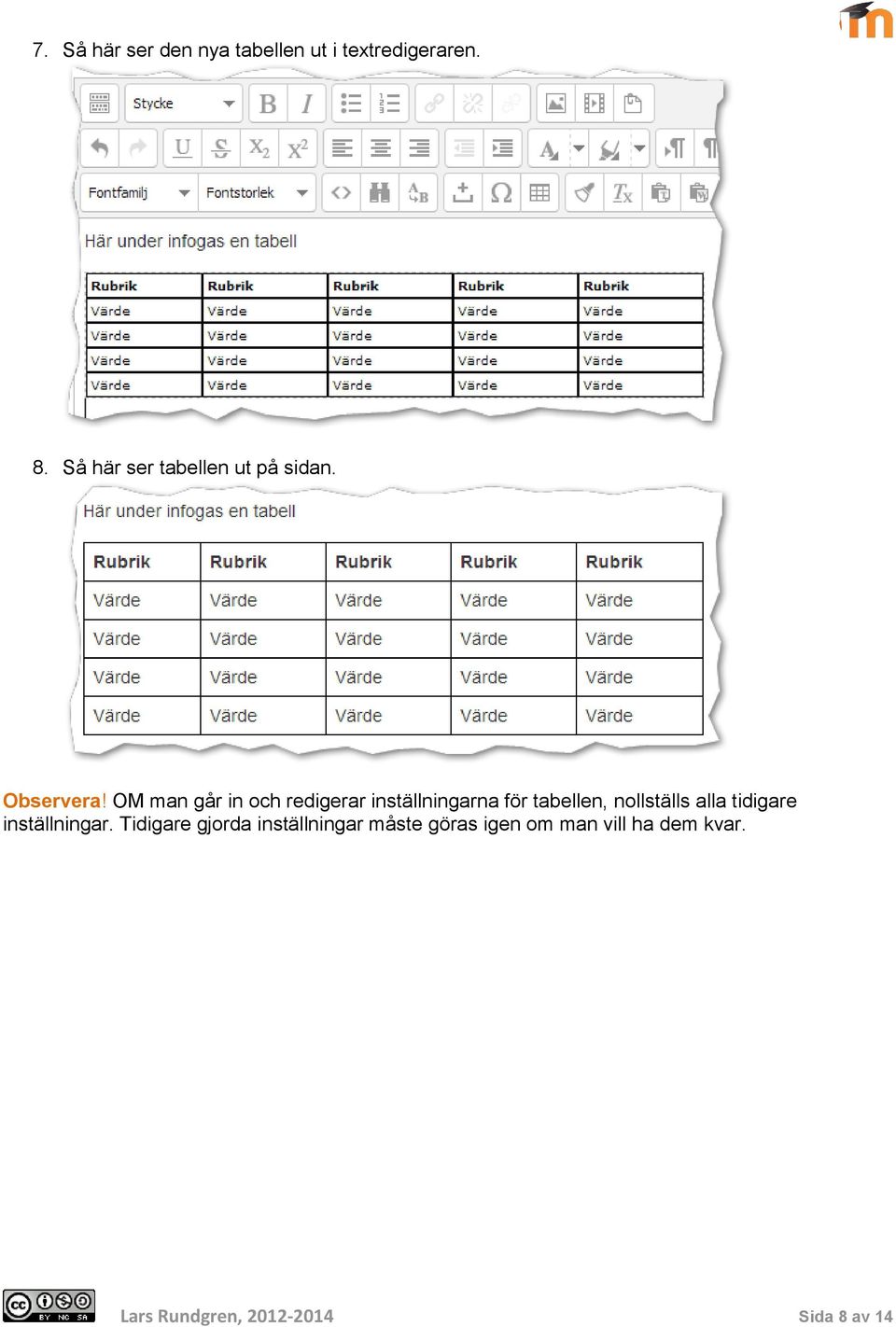 OM man går in och redigerar inställningarna för tabellen, nollställs alla