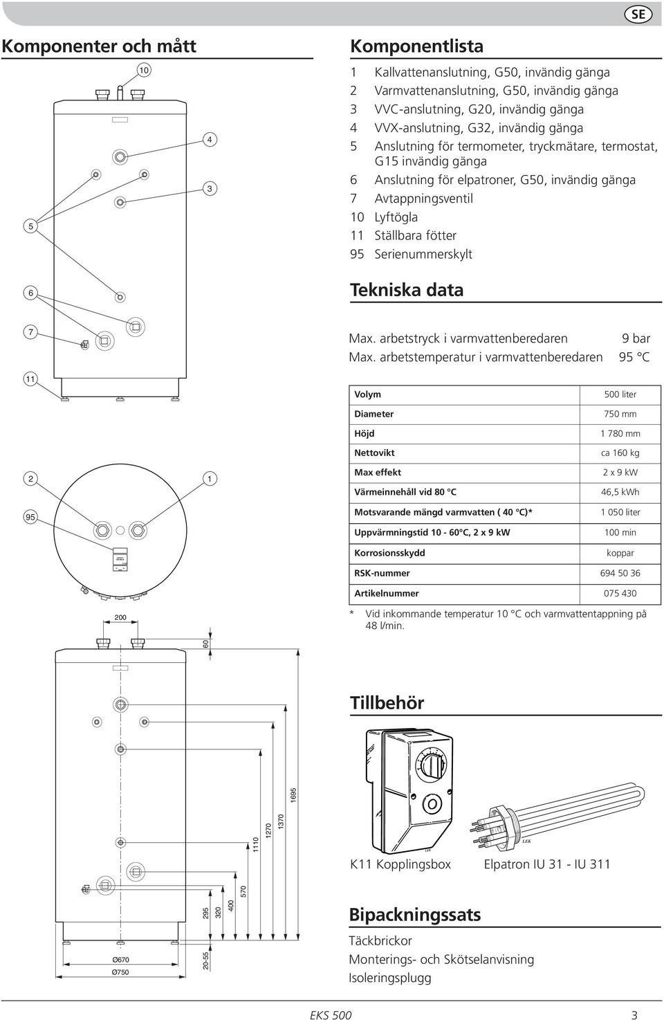 Serienummerskylt 6 Tekniska data 7 Max. arbetstryck i varmvattenberedaren 9 bar Max.