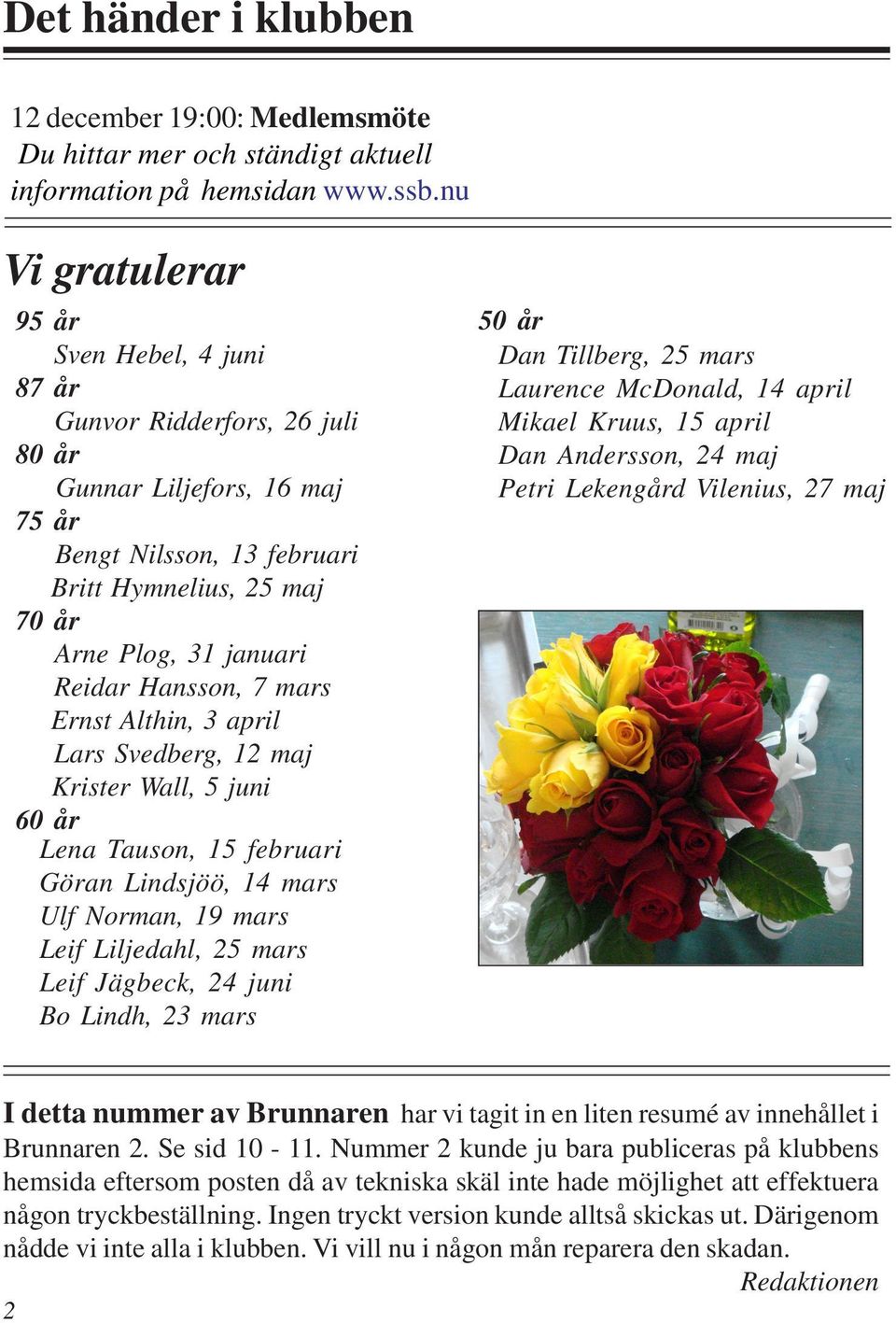 Hansson, 7 mars Ernst Althin, 3 april Lars Svedberg, 12 maj Krister Wall, 5 juni 60 år Lena Tauson, 15 februari Göran Lindsjöö, 14 mars Ulf Norman, 19 mars Leif Liljedahl, 25 mars Leif Jägbeck, 24