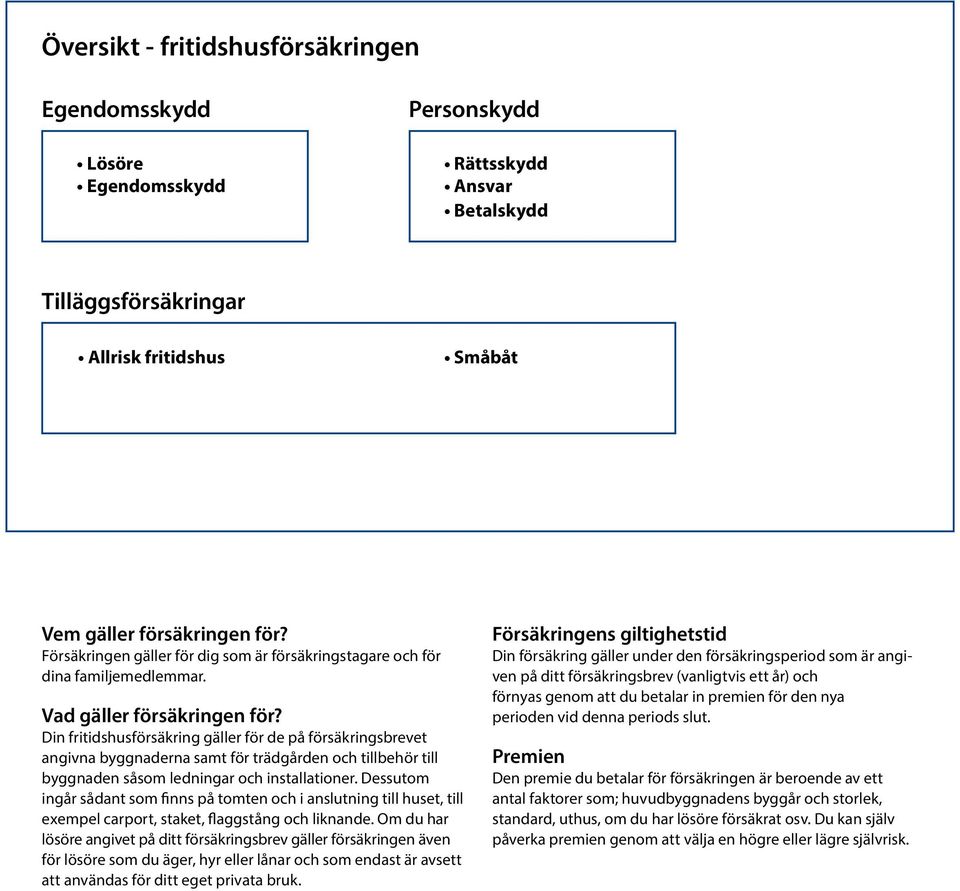 Din fritidshusförsäkring gäller för de på försäkringsbrevet angivna byggnaderna samt för trädgården och tillbehör till byggnaden såsom ledningar och installationer.