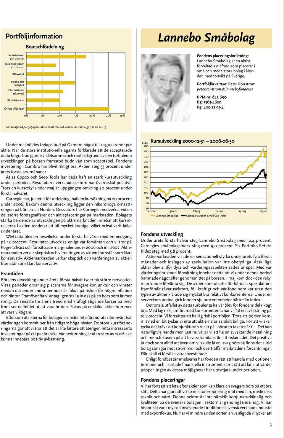 se PPM-nr: 842 690 Bg: 5563-4620 Pg: 400 23 95-4 För detaljerad portföljinformation samt resultat- och balansräkningar, se sid 14 19 Under maj höjdes Indaps bud på Gambro något till 113,70 kronor per