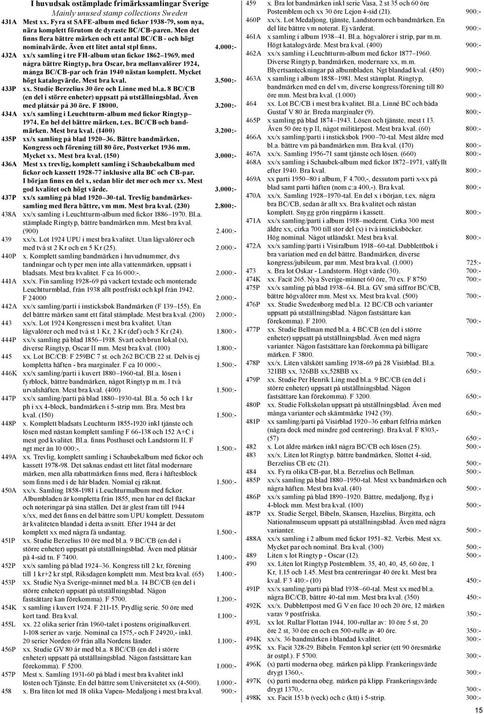 med några bättre Ringtyp, bra Oscar, bra mellanvalörer 1924, många BC/CB-par och från 1940 nästan komplett. Mycket högt katalogvärde. Mest bra kval. 3.500:- 433P xx.
