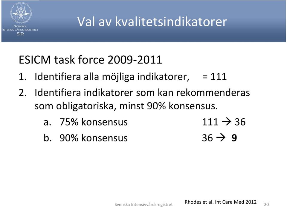 Identifiera indikatorer som kan rekommenderas som obligatoriska, minst 90%