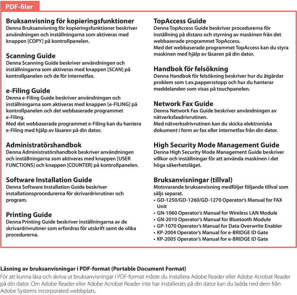 e-filing Guide Denna e-filing Guide beskriver användningen och inställningarna som aktiveras med knappen [e-filing] på kontrollpanelen och det webbaserade programmet e-filing.