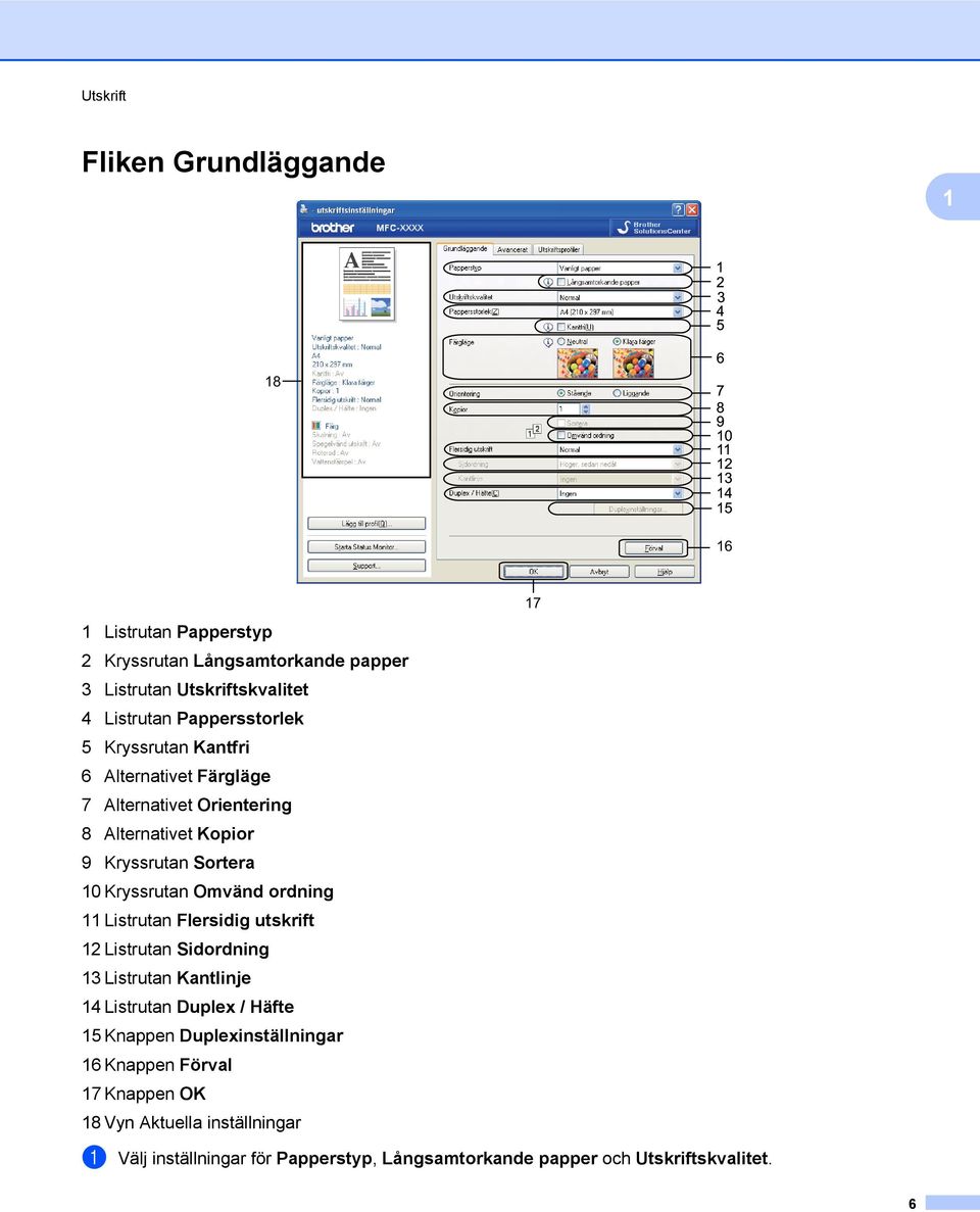 Sortera 10 Kryssrutan Omvänd ordning 11 Listrutan Flersidig utskrift 12 Listrutan Sidordning 13 Listrutan Kantlinje 14 Listrutan Duplex / Häfte 15 Knappen