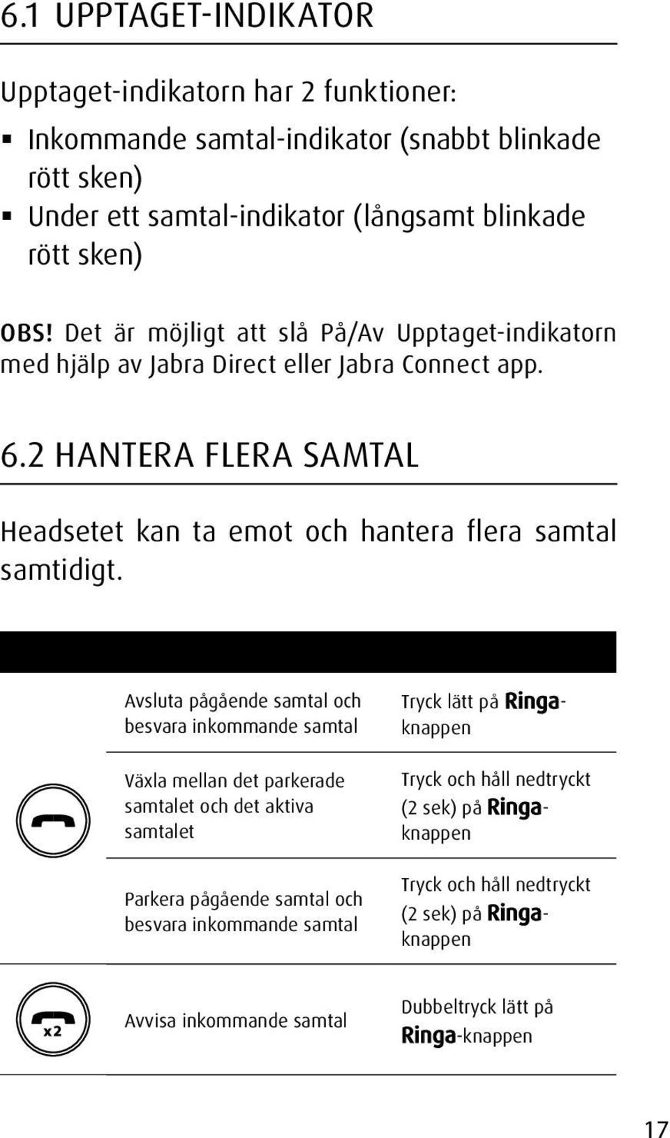 2 HANTERA FLERA SAMTAL Headsetet kan ta emot och hantera flera samtal samtidigt.