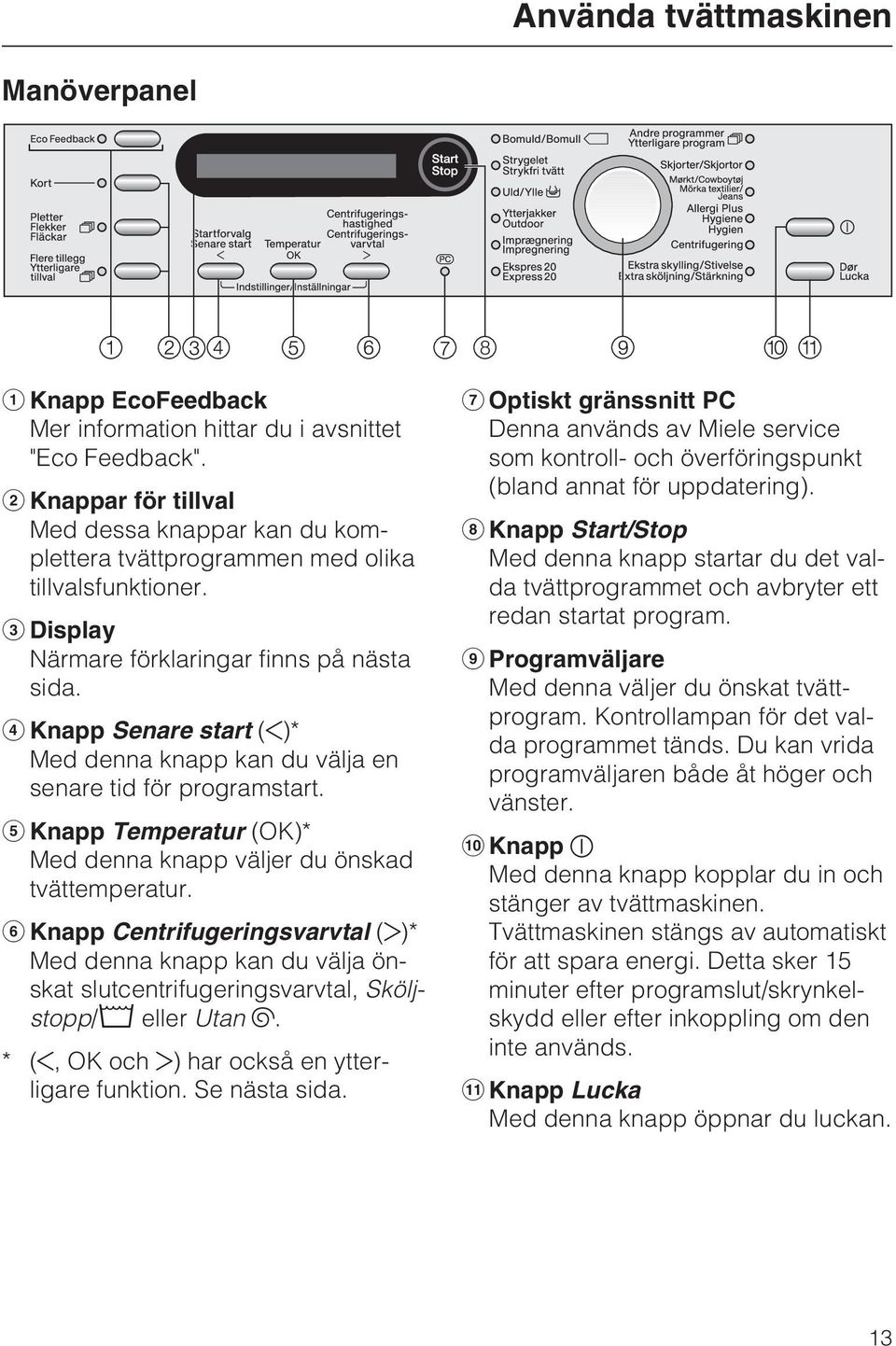 Knapp Senare start ( )* Med denna knapp kan du välja en senare tid för programstart. Knapp Temperatur (OK)* Med denna knapp väljer du önskad tvättemperatur.