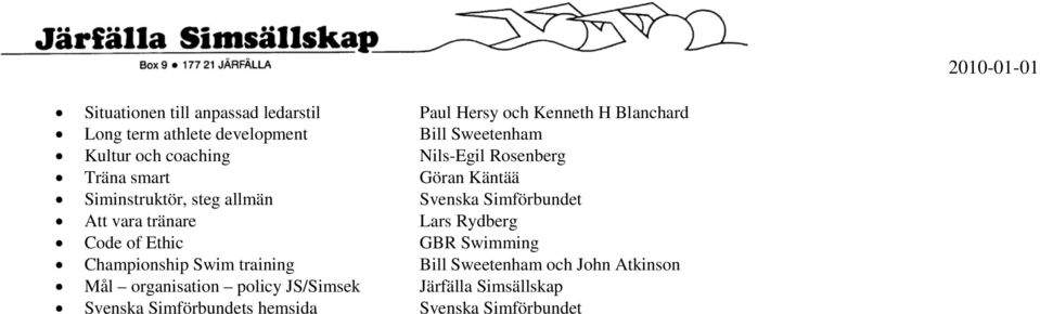 Simförbundet Att vara tränare Lars Rydberg Code of Ethic GBR Swimming Championship Swim training Bill Sweetenham