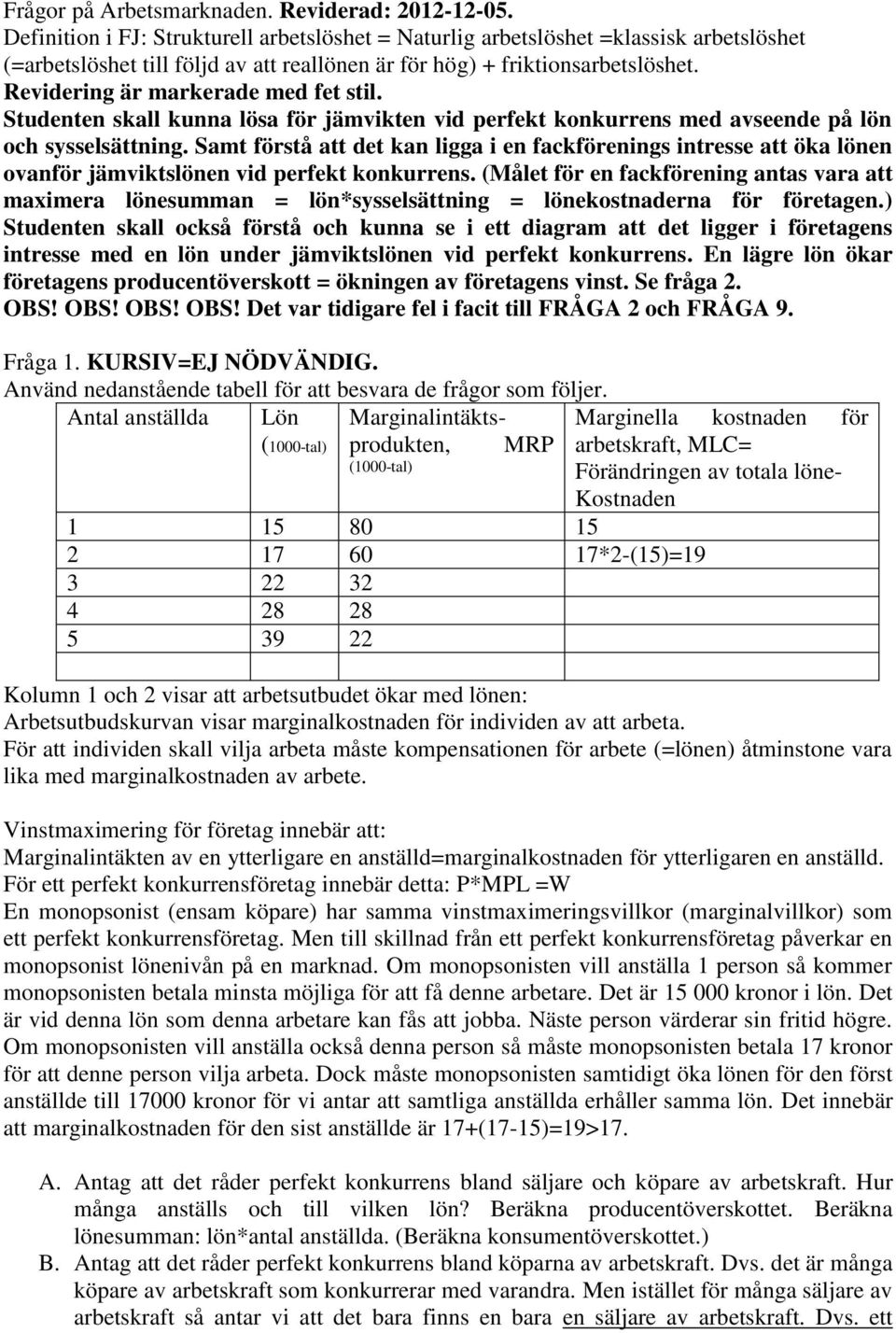 Revidering är markerade med fet stil. Studenten skall kunna lösa för jämvikten vid perfekt konkurrens med avseende på lön och sysselsättning.