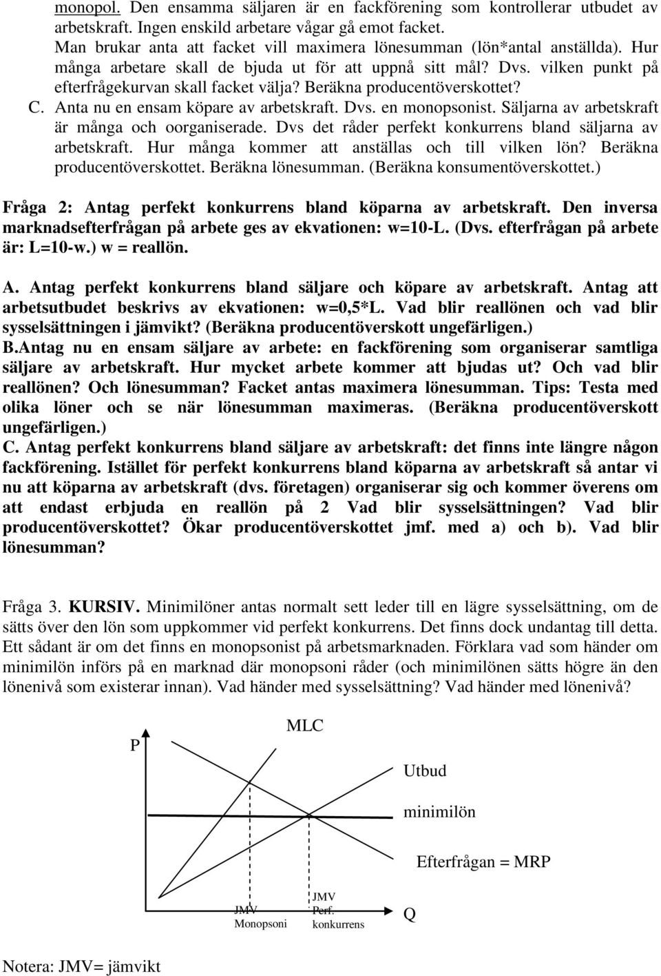 Beräkna producentöverskottet? C. Anta nu en ensam köpare av arbetskraft. Dvs. en monopsonist. Säljarna av arbetskraft är många och oorganiserade.