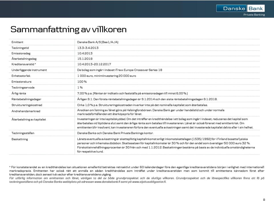 ränta 7,00 % p.a. (Räntan är indikativ och fastställs på emissionsdagen till minst 6,00 %.) Räntebetalningsdagar Årligen 9.1. Den första räntebetalningsdagen är 9.1.2014 och den sista räntebetalningsdagen 9.