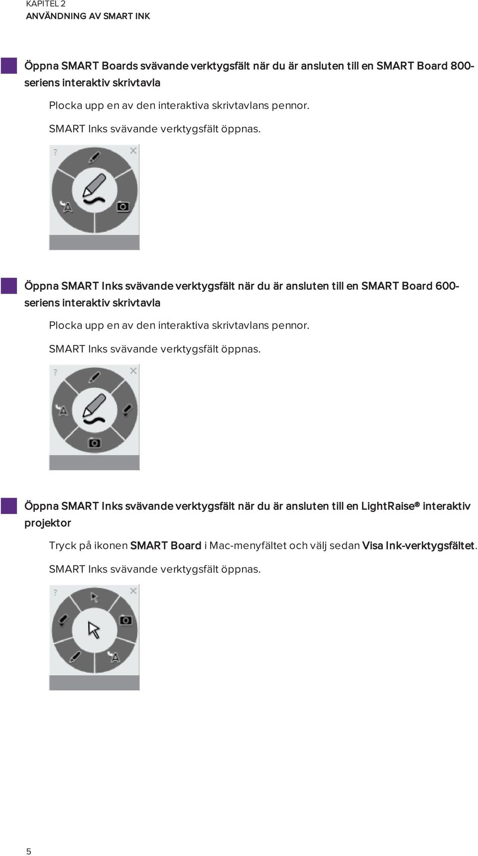 Öppna SMART Inks svävande verktygsfält när du är ansluten till en SMART Board 600- seriens interaktiv skrivtavla Plocka upp en av den  Öppna SMART Inks svävande