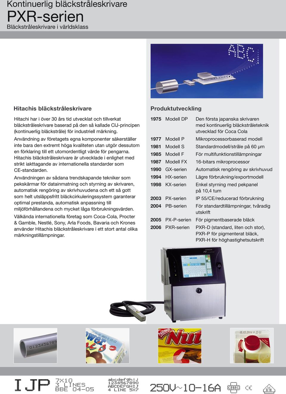 Hitachis bläckstråleskrivare är utvecklade i enlighet med strikt iakttagande av internationella standarder som CE-standarden.