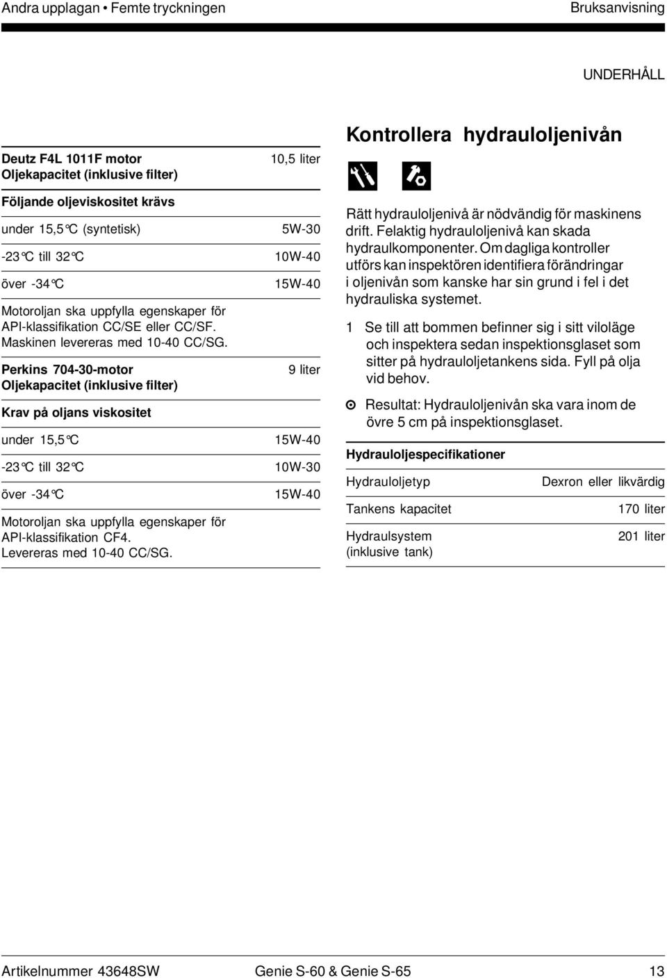 Perkins 704-30-motor Oljekapacitet (inklusive filter) Krav på oljans viskositet 9 liter under 15,5 C 15W-40-23 C till 32 C 10W-30 över -34 C 15W-40 Motoroljan ska uppfylla egenskaper för