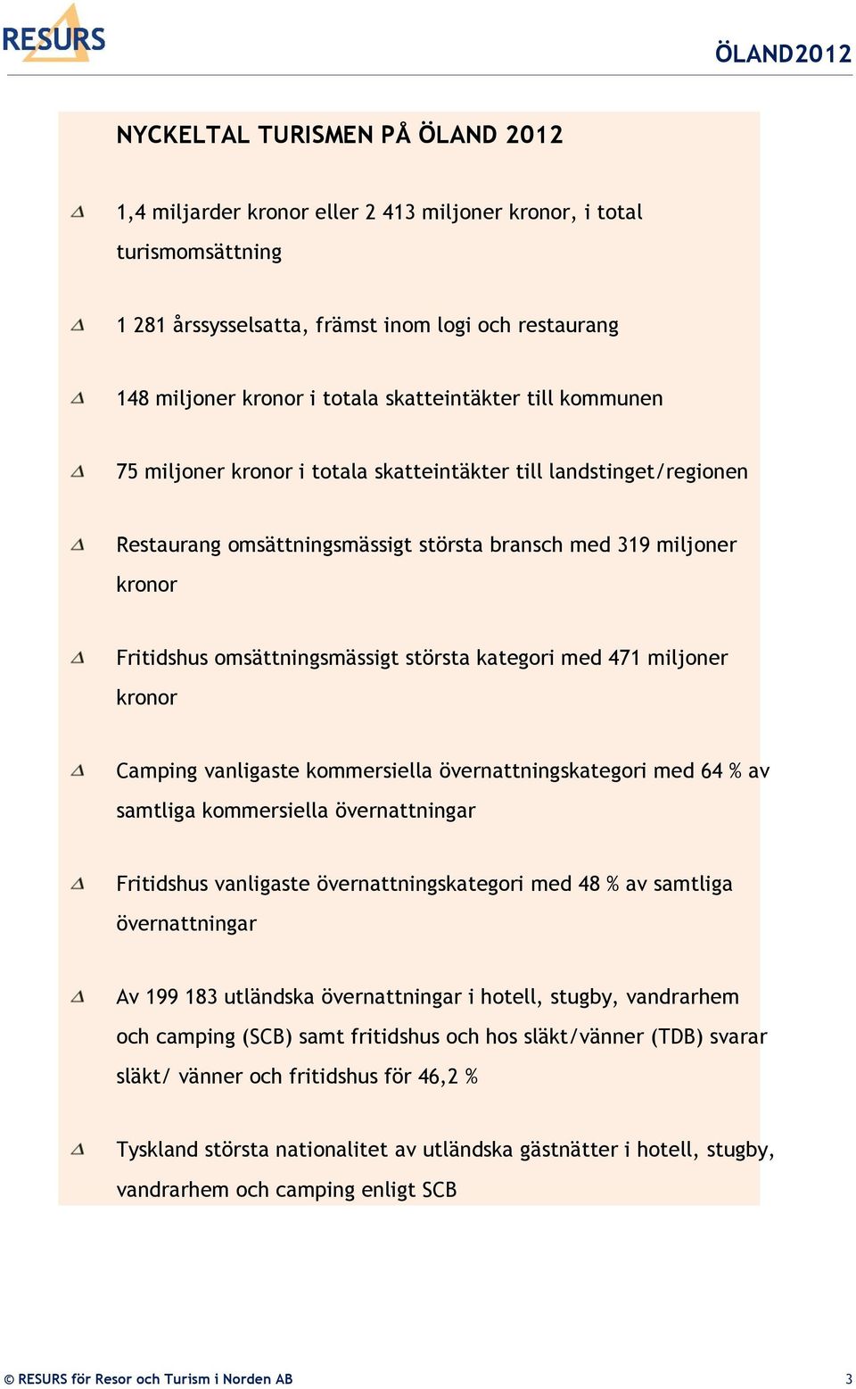 största kategori med 471 miljoner kronor Camping vanligaste kommersiella övernattningskategori med 64 % av samtliga kommersiella övernattningar Fritidshus vanligaste övernattningskategori med 48 % av