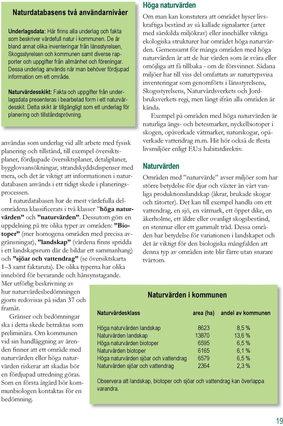 Dessa underlag används när man behöver fördjupad information om ett område. Naturvärdesskikt: Fakta och uppgifter från underlagsdata presenteras i bearbetad form i ett naturvärdesskit.