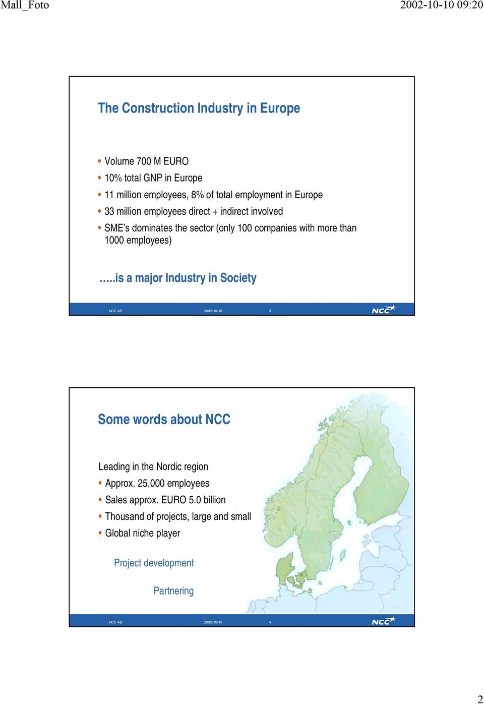 employees)..is a major Industry in Society NCC AB 2002-10-10 3 Some words about NCC Leading in the Nordic region Approx.