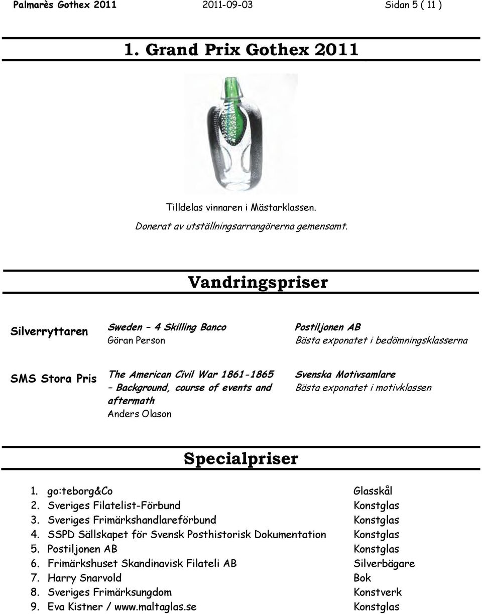 and aftermath Anders Olason Svenska Motivsamlare Bästa exponatet i motivklassen Specialpriser 1. go:teborg&co Glasskål 2. Sveriges Filatelist-Förbund Konstglas 3.