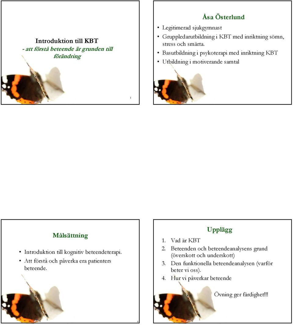 Basutbildning i psykoterapi med inriktning KBT Utbildning i motiverande samtal 1 Målsättning Introduktion till kognitiv beteendeterapi.