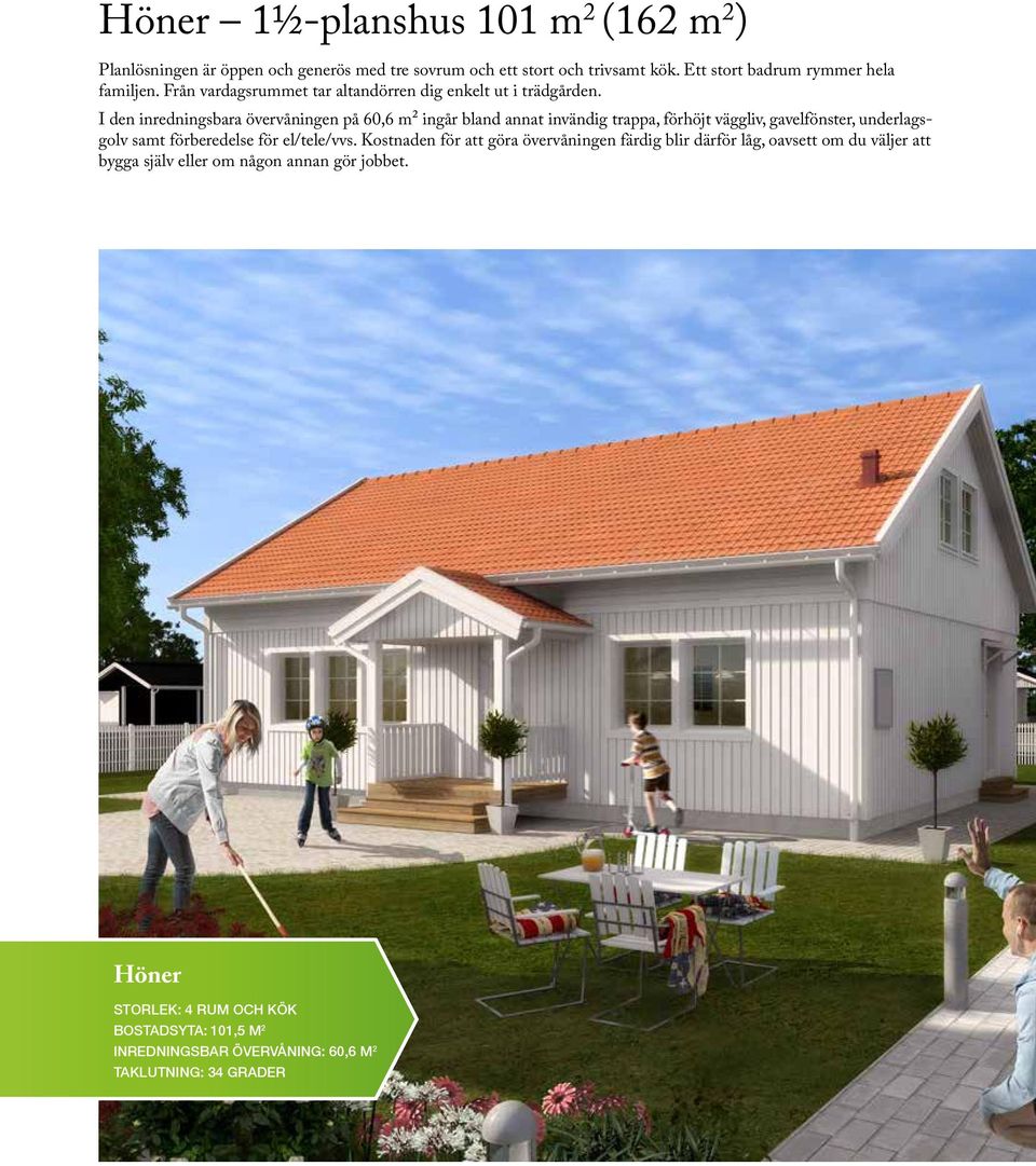 I den inredningsbara övervåningen på 60,6 m² ingår bland annat invändig trappa, förhöjt väggliv, gavelfönster, underlagsgolv samt förberedelse för