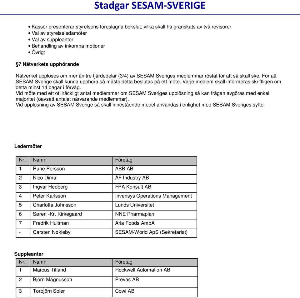så skall ske. För att SESAM Sverige skall kunna upphöra så måste detta beslutas på ett möte. Varje medlem skall informeras skriftligen om detta minst 14 dagar i förväg.