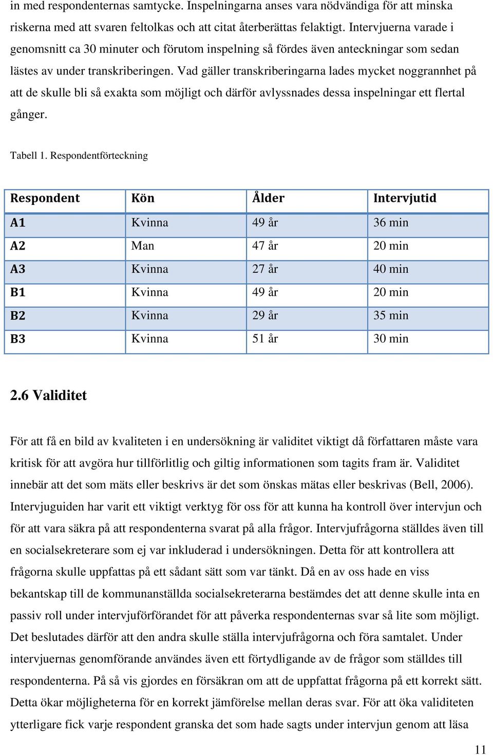Vad gäller transkriberingarna lades mycket noggrannhet på att de skulle bli så exakta som möjligt och därför avlyssnades dessa inspelningar ett flertal gånger. Tabell 1.