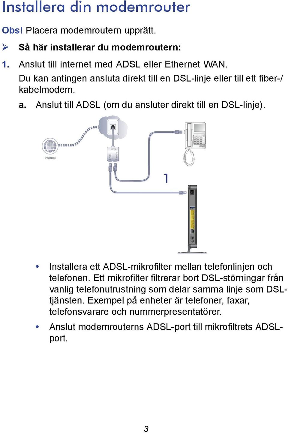Linje Internet ADSL Telefon 1 Installera ett ADSL-mikrofilter mellan telefonlinjen och telefonen.
