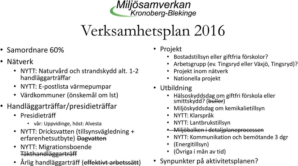 (tillsynsvägledning + erfarenhetsutbyte) Dagvatten NYTT: Migrationsboende Täkthandläggarträff Årlig handläggarträff (effektivt arbetssätt) Projekt Bostadstillsyn eller giftfria förskolor?